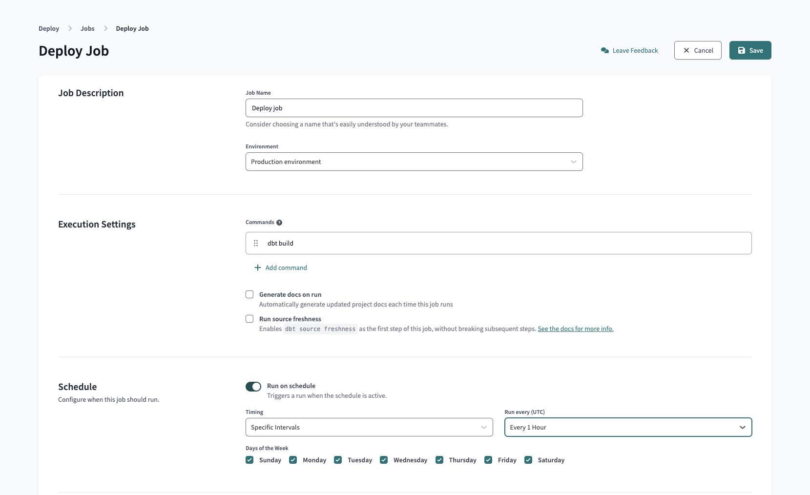 Example of Deploy Job page in dbt Cloud UI